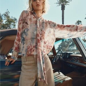 Zara women Floral Chiffon Blouse with tie - Pink and Blue